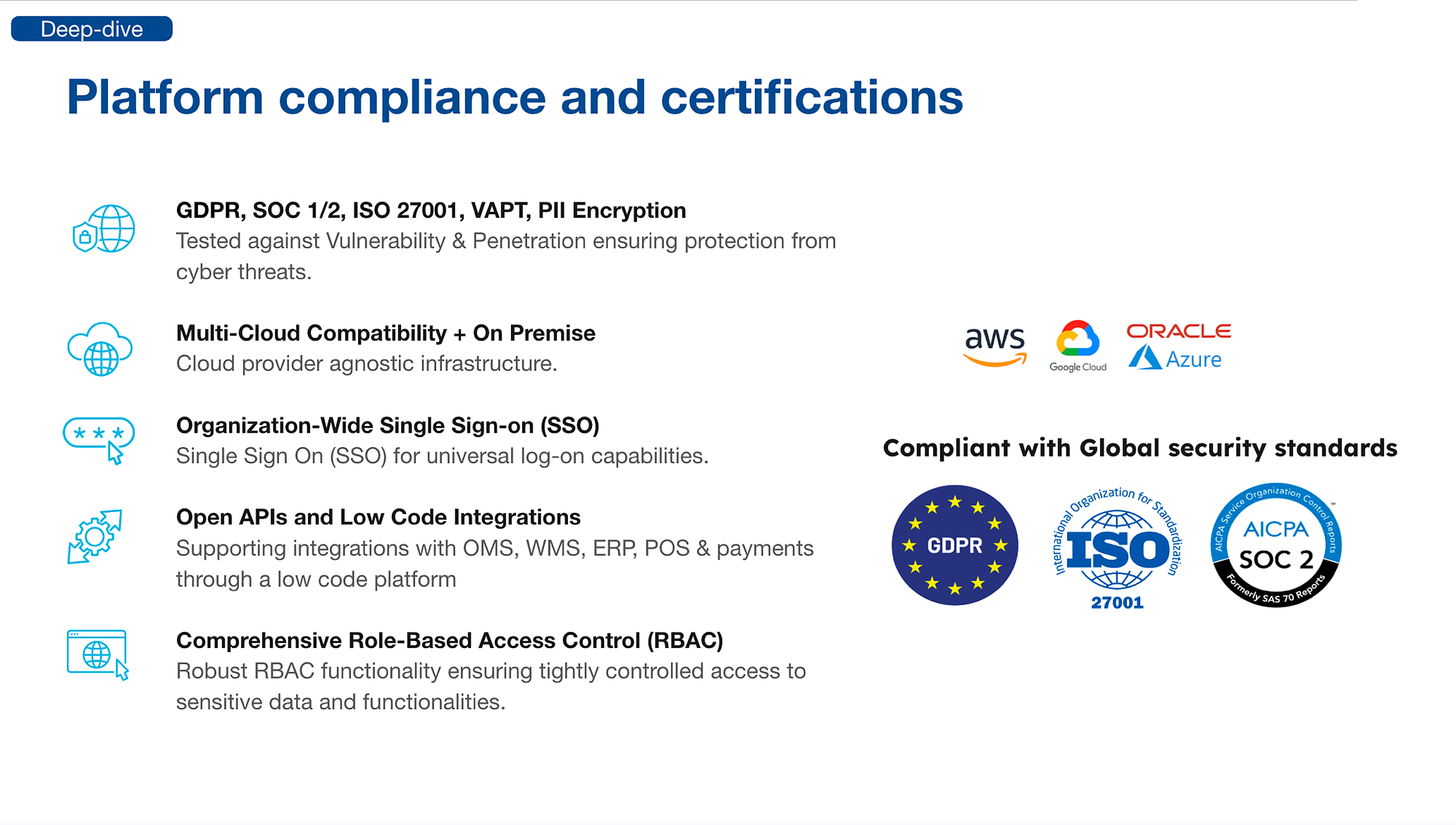 Platform compliance and certifications — GDPR, SOC 1/2, ISO 27001, VAPT, PII encryption, multi-cloud, SSO, open APIs, RBAC