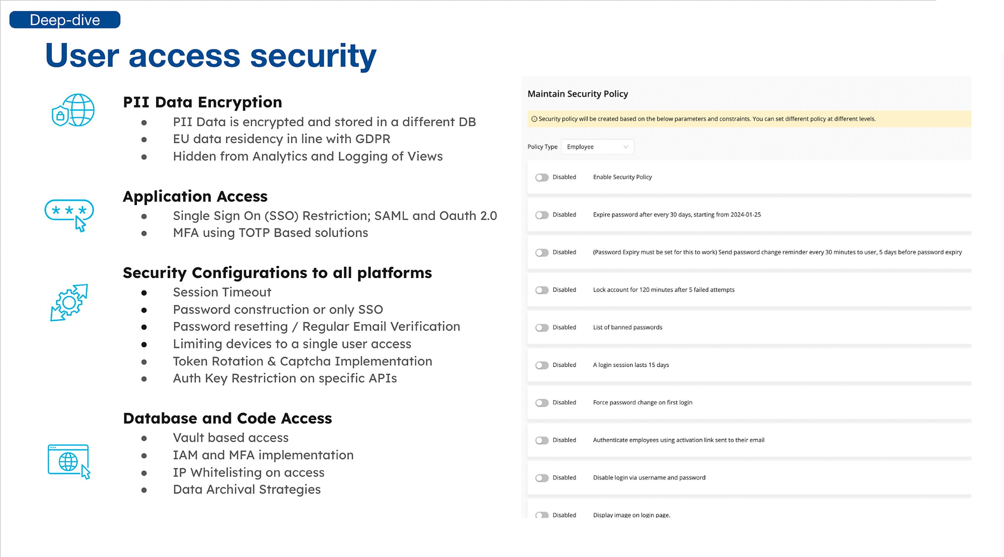 User access security — PII data encryption, application access, security configurations, database and code access