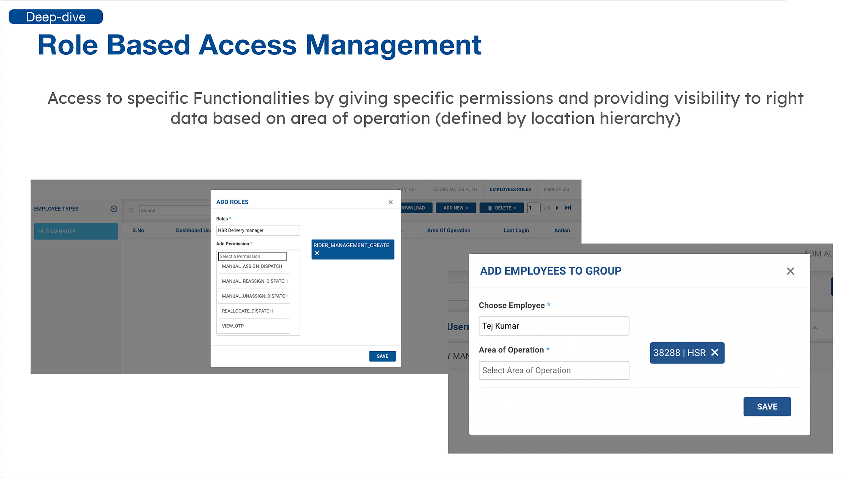 Role Based Access Management — permissions and data visibility by area of operation